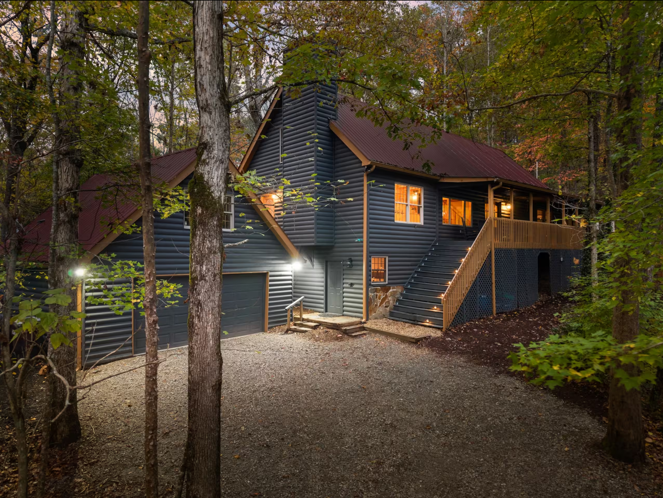 Cabin exterior at dusk