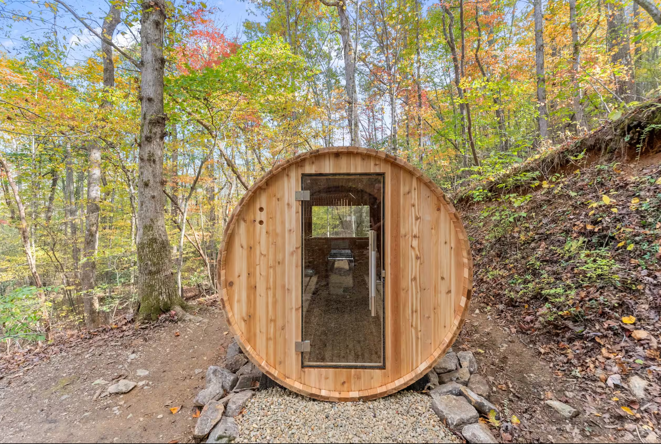 Barrel sauna in the woods